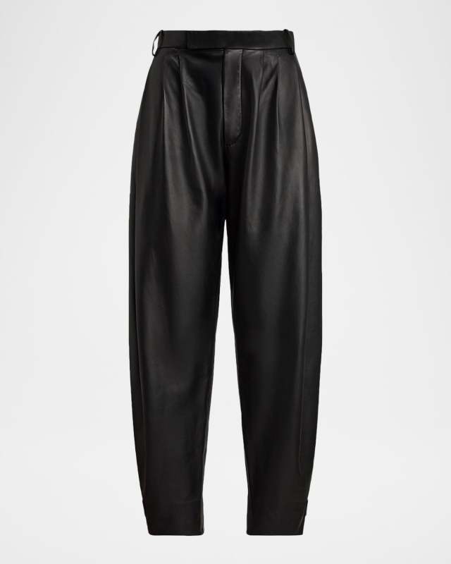 Jeanne Pleated Leather Barrel Ankle Pants